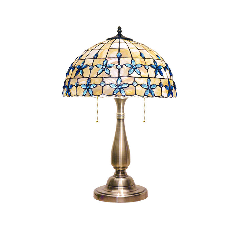 Jewel Petals Night Stand Light 2 Heads Shell Tiffany-Style Pull Chain Table Lamp with Gold Vase Base Clearhalo 'Lamps' 'Table Lamps' Lighting' 890040