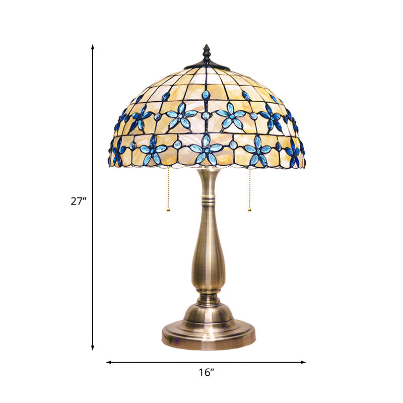 Jewel Petals Night Stand Light 2 Heads Shell Tiffany-Style Pull Chain Table Lamp with Gold Vase Base Clearhalo 'Lamps' 'Table Lamps' Lighting' 890041