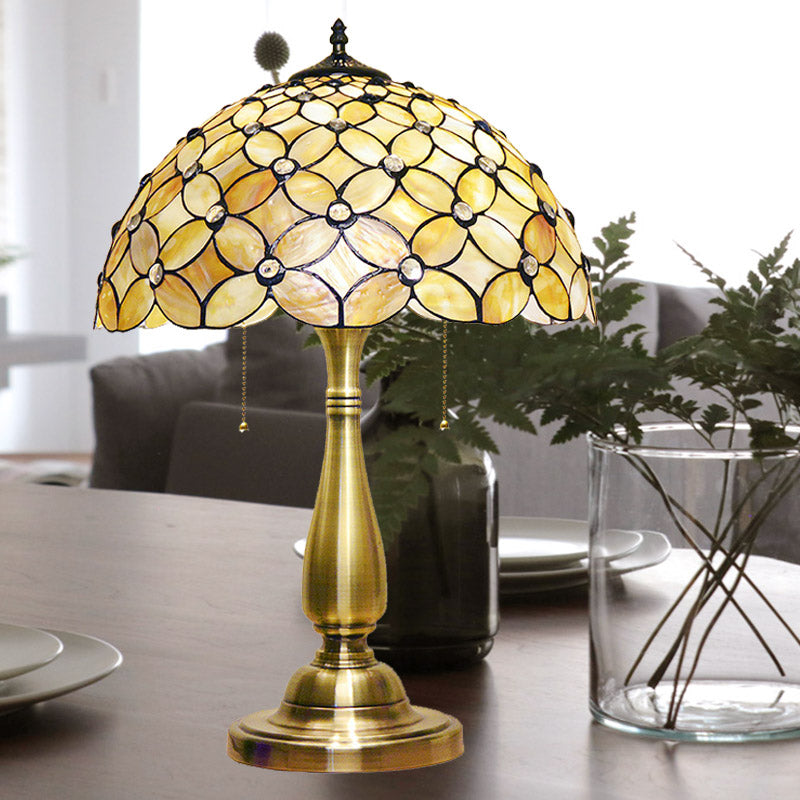 2 Bulbs Living Room Night Lamp Baroque Gold Pull-Chain Table Lighting with Crisscrossed Flower Shell Shade Gold Clearhalo 'Lamps' 'Table Lamps' Lighting' 890042