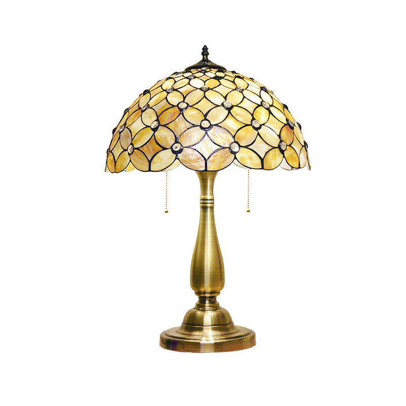 2 Bulbs Living Room Night Lamp Baroque Gold Pull-Chain Table Lighting with Crisscrossed Flower Shell Shade Clearhalo 'Lamps' 'Table Lamps' Lighting' 890044