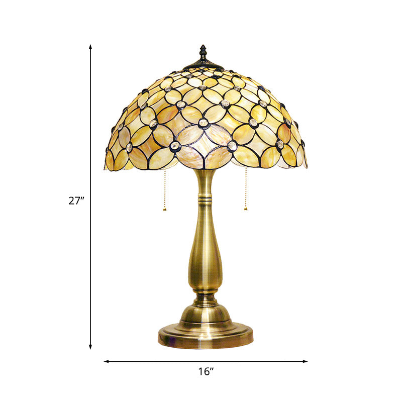 2 Bulbs Living Room Night Lamp Baroque Gold Pull-Chain Table Lighting with Crisscrossed Flower Shell Shade Clearhalo 'Lamps' 'Table Lamps' Lighting' 890045