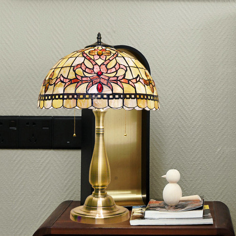 Grid-Trim Floral Table Light 2 Heads Shell Vintage Nightstand Lamp with Pulling Chain in Brushed Gold for Bedside Clearhalo 'Lamps' 'Table Lamps' Lighting' 890051