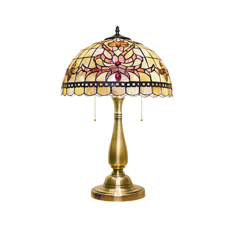 Grid-Trim Floral Table Light 2 Heads Shell Vintage Nightstand Lamp with Pulling Chain in Brushed Gold for Bedside Clearhalo 'Lamps' 'Table Lamps' Lighting' 890052