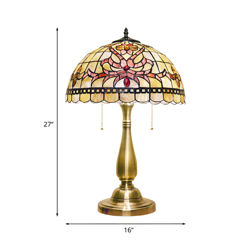 Grid-Trim Floral Table Light 2 Heads Shell Vintage Nightstand Lamp with Pulling Chain in Brushed Gold for Bedside Clearhalo 'Lamps' 'Table Lamps' Lighting' 890053