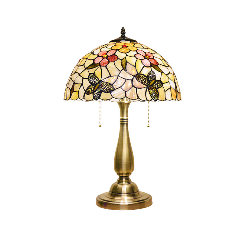 Shell Brushed Brass Night Light Butterflies and Flower 2 Lights Tiffany Pull Chain Table Lamp Clearhalo 'Lamps' 'Table Lamps' Lighting' 890056