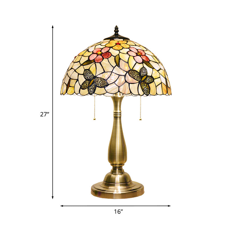 Shell Brushed Brass Night Light Butterflies and Flower 2 Lights Tiffany Pull Chain Table Lamp Clearhalo 'Lamps' 'Table Lamps' Lighting' 890057