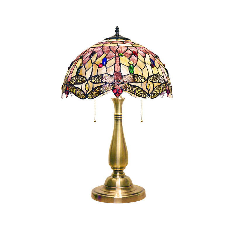 Scalloped Dome Shade Shell Night Lamp Tiffany 2 Heads Brushed Brass Table Lighting with Dragonfly Edge and Pull Chain Clearhalo 'Lamps' 'Table Lamps' Lighting' 890060
