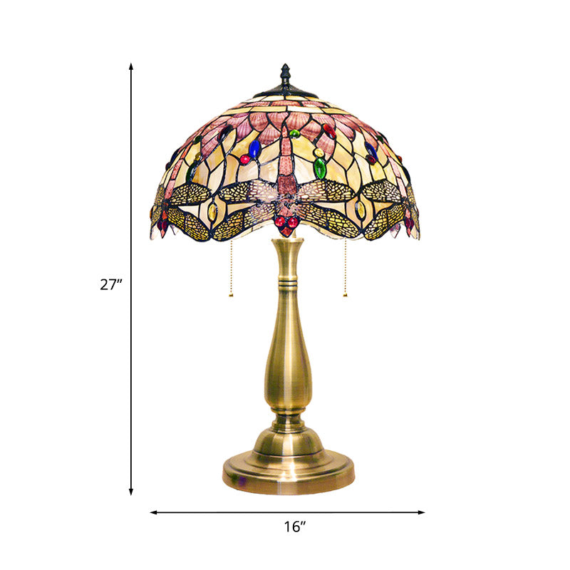 Scalloped Dome Shade Shell Night Lamp Tiffany 2 Heads Brushed Brass Table Lighting with Dragonfly Edge and Pull Chain Clearhalo 'Lamps' 'Table Lamps' Lighting' 890061