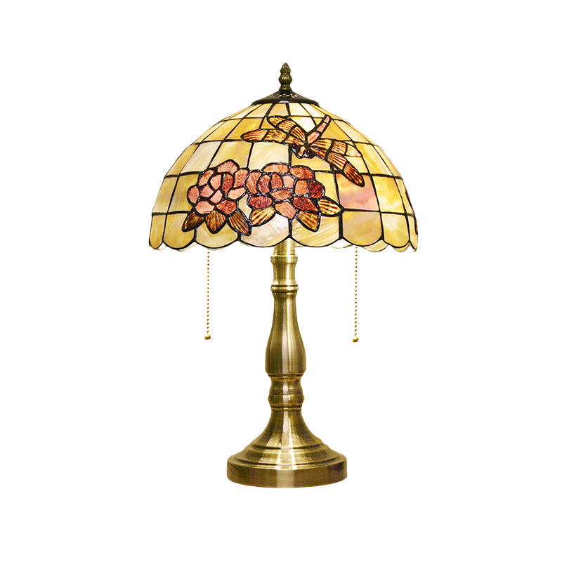 Brushed Brass 2-Bulb Nightstand Light Tiffany Shell Dragonfly on Peony Table Lamp with Pull Chain Clearhalo 'Lamps' 'Table Lamps' Lighting' 890063