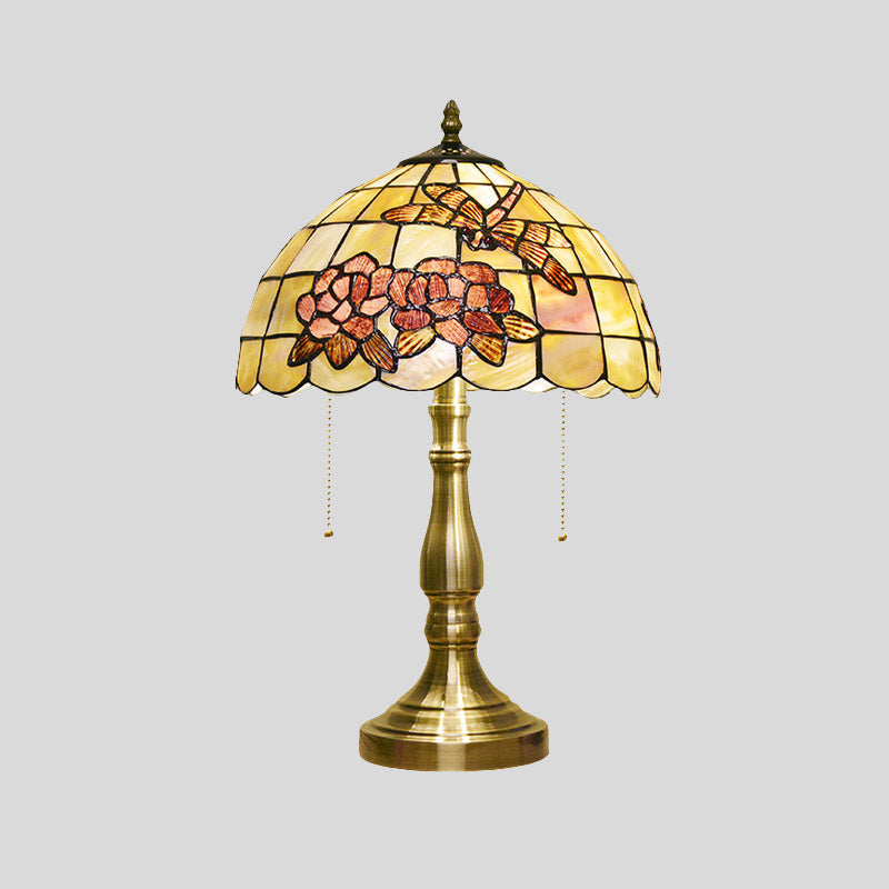 Brushed Brass 2-Bulb Nightstand Light Tiffany Shell Dragonfly on Peony Table Lamp with Pull Chain Clearhalo 'Lamps' 'Table Lamps' Lighting' 890064