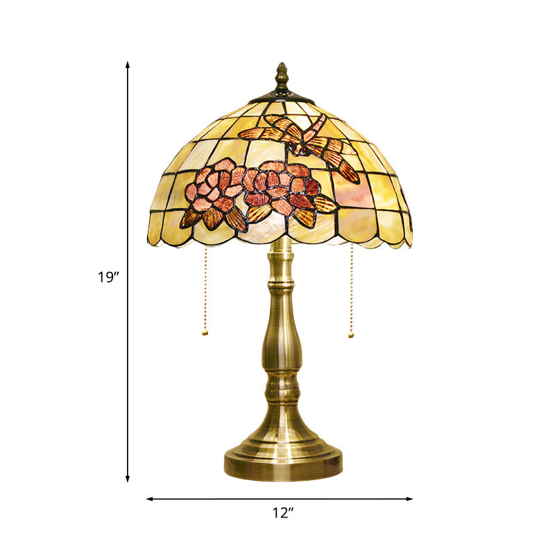 Brushed Brass 2-Bulb Nightstand Light Tiffany Shell Dragonfly on Peony Table Lamp with Pull Chain Clearhalo 'Lamps' 'Table Lamps' Lighting' 890065