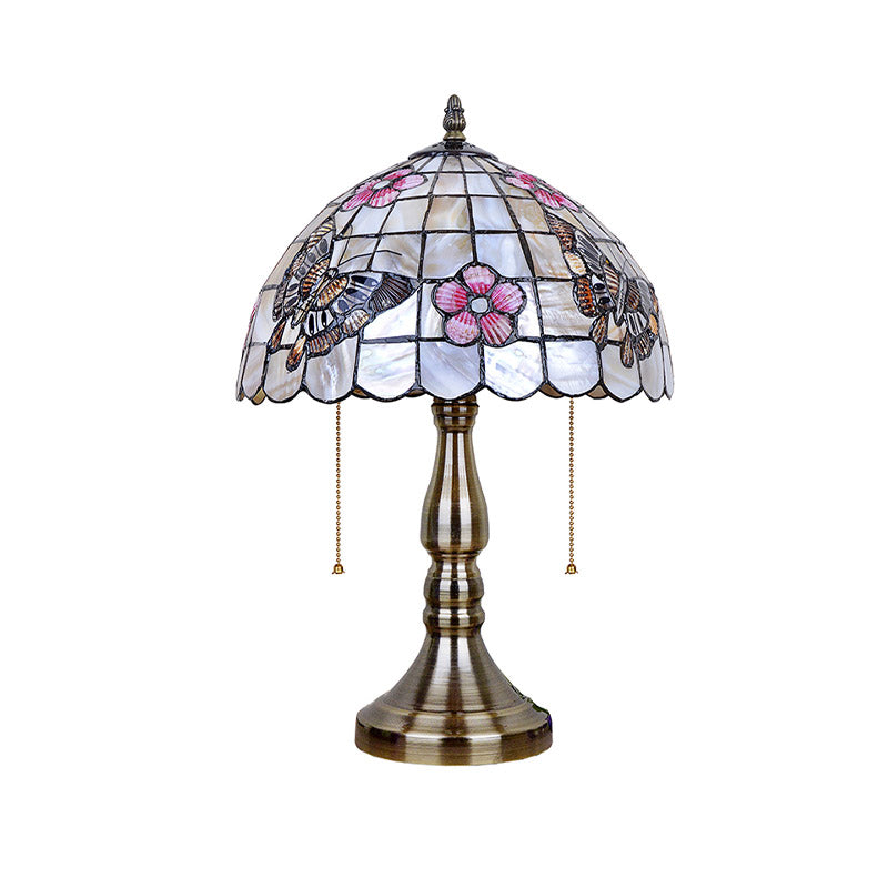 Shell Gridded Bowl Night Light Tiffany 2 Heads Brushed Brass Pull-Chain Table Lighting with Butterfly-Flower Pattern Clearhalo 'Lamps' 'Table Lamps' Lighting' 890068