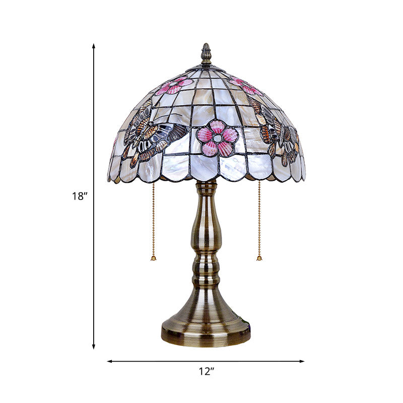 Shell Gridded Bowl Night Light Tiffany 2 Heads Brushed Brass Pull-Chain Table Lighting with Butterfly-Flower Pattern Clearhalo 'Lamps' 'Table Lamps' Lighting' 890069