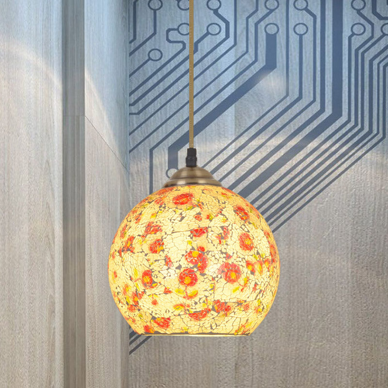 Hemispherical Pendulum Light Tiffany Crackle Printed Glass 1 Head Bronze Ceiling Pendant Bronze Clearhalo 'Ceiling Lights' 'Close To Ceiling Lights' 'Glass shade' 'Glass' 'Industrial' 'Middle Century Pendants' 'Pendant Lights' 'Pendants' 'Tiffany close to ceiling' 'Tiffany Pendants' 'Tiffany' Lighting' 890114