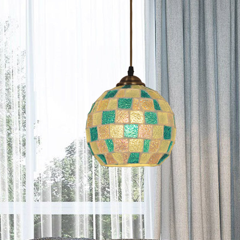 Tiffany Checkered Globe Pendant Lamp Single Green and White Glass Hanging Light Fixture Green Clearhalo 'Ceiling Lights' 'Close To Ceiling Lights' 'Industrial' 'Middle Century Pendants' 'Pendant Lights' 'Pendants' 'Tiffany close to ceiling' 'Tiffany Pendants' 'Tiffany' Lighting' 890118