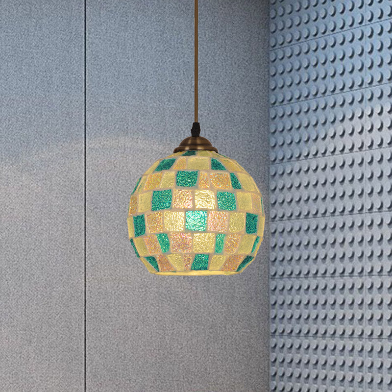 Tiffany Checkered Globe Pendant Lamp Single Green and White Glass Hanging Light Fixture Clearhalo 'Ceiling Lights' 'Close To Ceiling Lights' 'Industrial' 'Middle Century Pendants' 'Pendant Lights' 'Pendants' 'Tiffany close to ceiling' 'Tiffany Pendants' 'Tiffany' Lighting' 890119