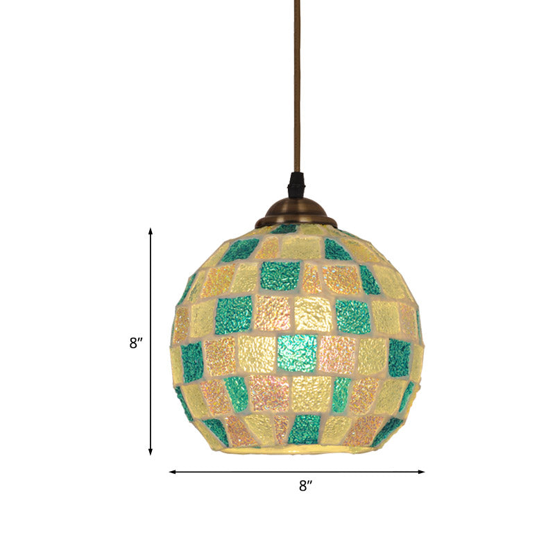 Tiffany Checkered Globe Pendant Lamp Single Green and White Glass Hanging Light Fixture Clearhalo 'Ceiling Lights' 'Close To Ceiling Lights' 'Industrial' 'Middle Century Pendants' 'Pendant Lights' 'Pendants' 'Tiffany close to ceiling' 'Tiffany Pendants' 'Tiffany' Lighting' 890120