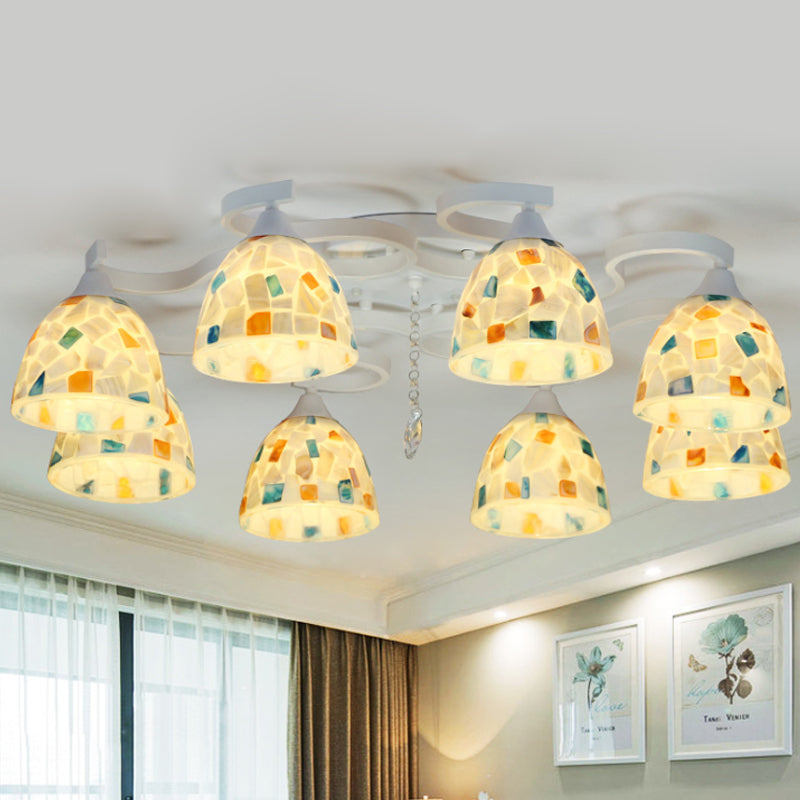 Mosaic-Tile Bell Shell Flush Chandelier Mediterranean 8-Light White Semi Flush Mount Ceiling Light Clearhalo 'Ceiling Lights' 'Close To Ceiling Lights' 'Close to ceiling' 'Semi-flushmount' 'Tiffany close to ceiling' 'Tiffany' Lighting' 890235