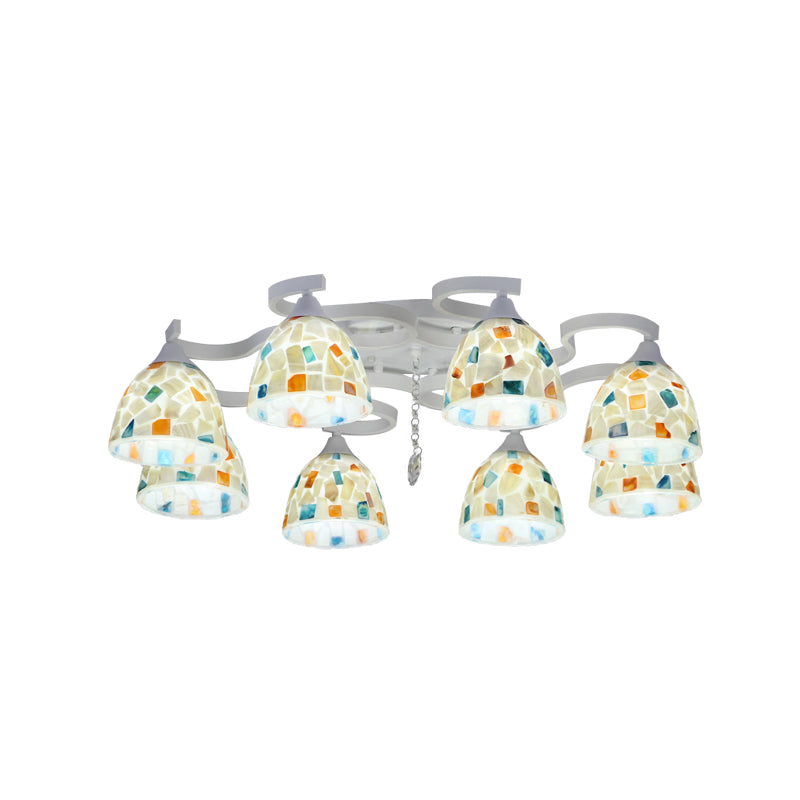 Mosaic-Tile Bell Shell Flush Chandelier Mediterranean 8-Light White Semi Flush Mount Ceiling Light Clearhalo 'Ceiling Lights' 'Close To Ceiling Lights' 'Close to ceiling' 'Semi-flushmount' 'Tiffany close to ceiling' 'Tiffany' Lighting' 890236