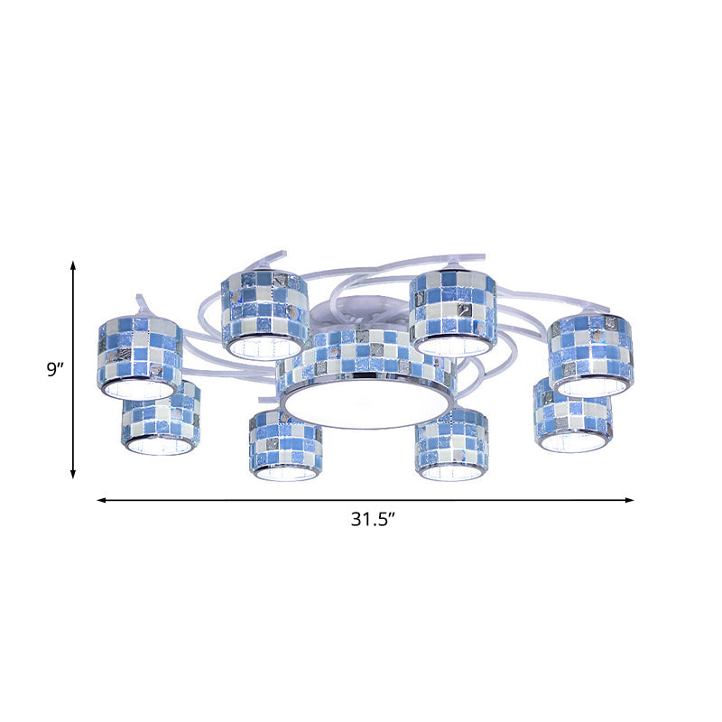 Mediterranean Drum Checkered Semi Flush 11 Heads Blue Glass Ceiling Mount Chandelier for Living Room Clearhalo 'Ceiling Lights' 'Close To Ceiling Lights' 'Close to ceiling' 'Glass shade' 'Glass' 'Pendant Lights' 'Semi-flushmount' 'Tiffany close to ceiling' 'Tiffany' Lighting' 890241