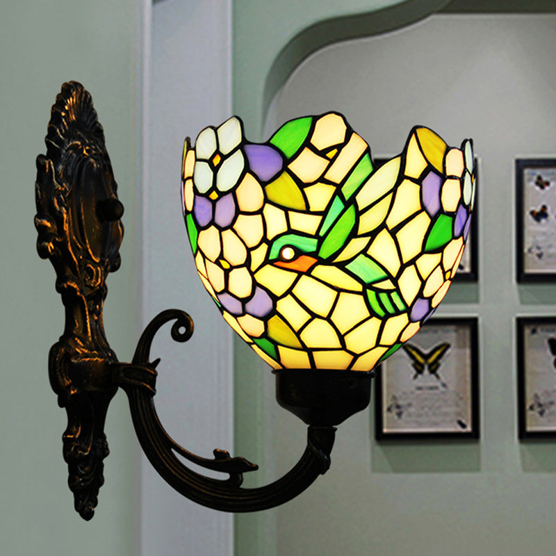 1-Light Sconce Light Baroque Flower Hand Cut Glass Wall Mounted Lighting in Bronze with Swirl Arm Bronze Clearhalo 'Art deco wall lights' 'Cast Iron' 'Glass' 'Industrial' 'Middle century wall lights' 'Modern' 'Tiffany wall lights' 'Tiffany' 'Traditional wall lights' 'Wall Lamps & Sconces' 'Wall Lights' Lighting' 890270