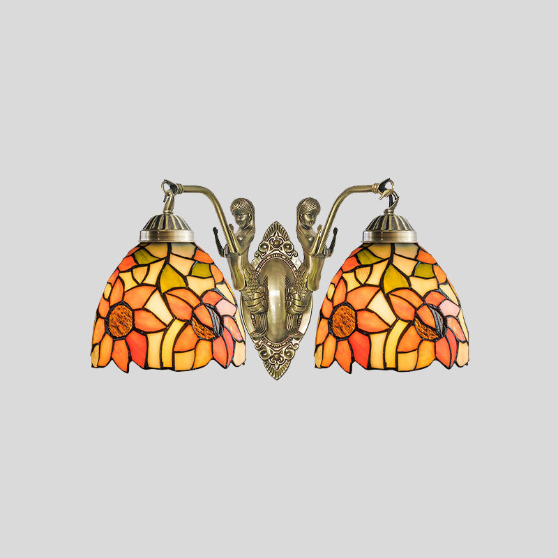 Stained Glass Domed Wall Lighting Tiffany 2-Bulb Beige/Orange Floral Patterned Sconce Light with Mermaid Arm for Bedroom Clearhalo 'Art deco wall lights' 'Cast Iron' 'Glass' 'Industrial' 'Middle century wall lights' 'Modern' 'Tiffany wall lights' 'Tiffany' 'Traditional wall lights' 'Wall Lamps & Sconces' 'Wall Lights' Lighting' 890374