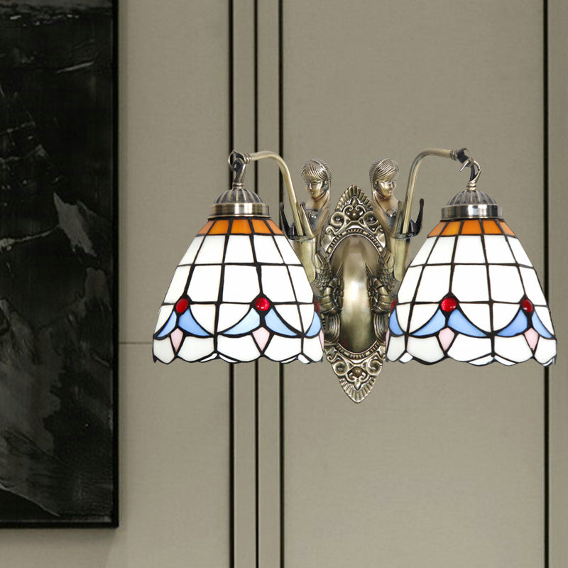 Mermaid Metal Wall Light Baroque 2-Head White/Blue Sconce with Domed Stained Art Glass Shade White Clearhalo 'Art deco wall lights' 'Cast Iron' 'Glass' 'Industrial' 'Middle century wall lights' 'Modern' 'Tiffany wall lights' 'Tiffany' 'Traditional wall lights' 'Wall Lamps & Sconces' 'Wall Lights' Lighting' 890385