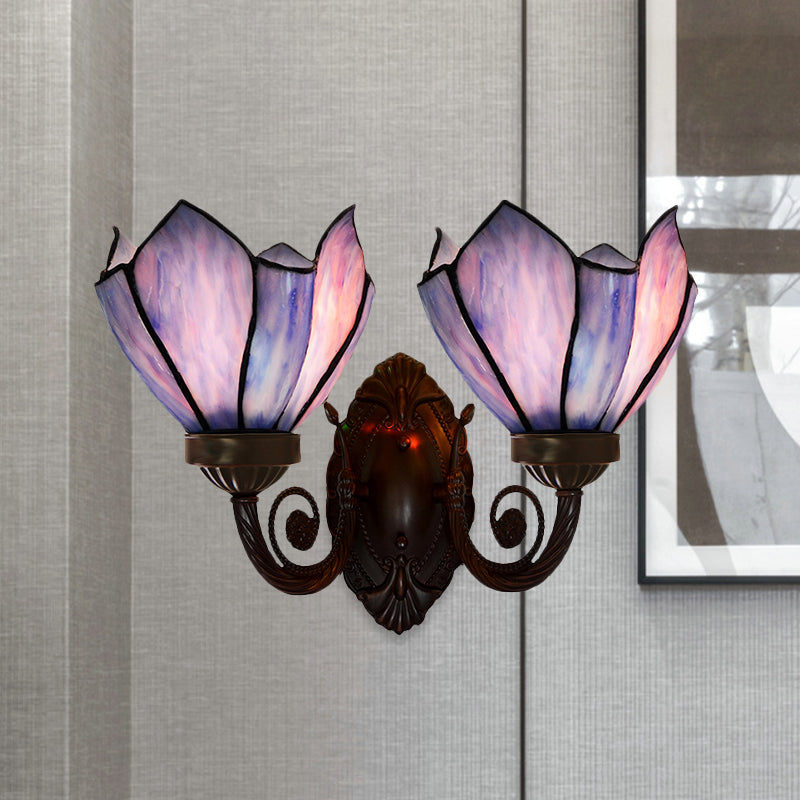 Petal Wall Sconce 2 Lights White/Pink Glass Mediterranean Wall Lighting Fixture with Swirl Arm for Living Room Pink-Blue Clearhalo 'Art deco wall lights' 'Cast Iron' 'Glass' 'Industrial' 'Middle century wall lights' 'Modern' 'Tiffany wall lights' 'Tiffany' 'Traditional wall lights' 'Wall Lamps & Sconces' 'Wall Lights' Lighting' 890398