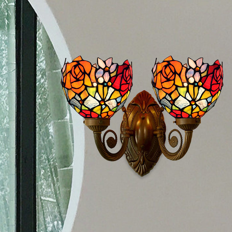 2 Lights Wall Sconce Light Tiffany Rose Patterned Stained Glass Wall Lamp in Bronze with Bowl Shade Clearhalo 'Art deco wall lights' 'Cast Iron' 'Glass' 'Industrial' 'Middle century wall lights' 'Modern' 'Tiffany wall lights' 'Tiffany' 'Traditional wall lights' 'Wall Lamps & Sconces' 'Wall Lights' Lighting' 890419