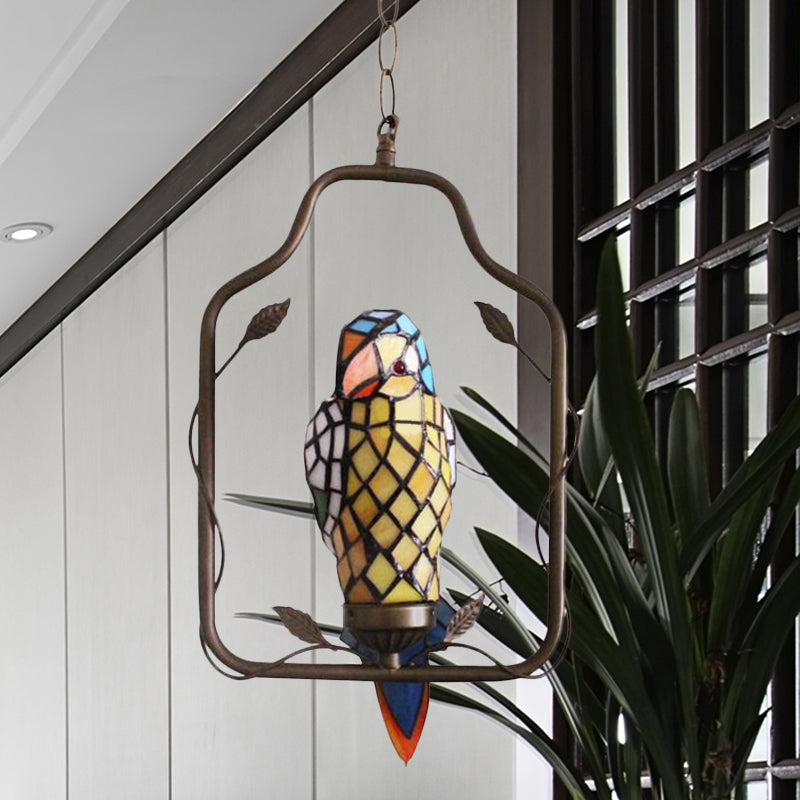 Yellow 1 Head Sconce Light Tiffany Style Hand Cut Glass Parrot Shaped Wall Lighting Ideas with Perch Swing Yellow Clearhalo 'Ceiling Lights' 'Glass shade' 'Glass' 'Industrial' 'Middle Century Pendants' 'Pendant Lights' 'Pendants' 'Tiffany close to ceiling' 'Tiffany Pendants' 'Tiffany' Lighting' 890448