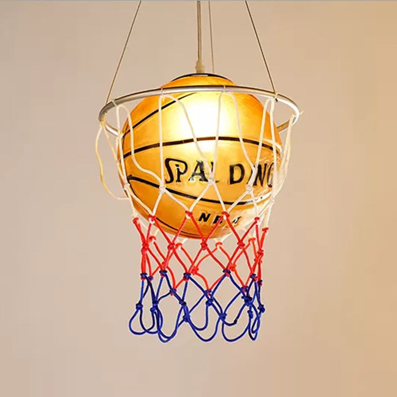 Glass Basketball Pendant Light with Basket Hoop 1 Head Sport Hanging Lamp in Brown for Bedroom Clearhalo 'Ceiling Lights' 'Close To Ceiling Lights' 'Glass shade' 'Glass' 'Pendant Lights' 'Pendants' Lighting' 89066