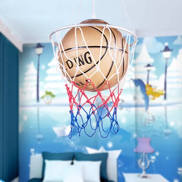 Glass Basketball Pendant Light with Basket Hoop 1 Head Sport Hanging Lamp in Brown for Bedroom Clearhalo 'Ceiling Lights' 'Close To Ceiling Lights' 'Glass shade' 'Glass' 'Pendant Lights' 'Pendants' Lighting' 89069