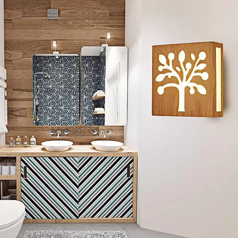 Beige Square Sconce Light with Tree Kids Wood Wall Light with Warm Lighting for Child Bedroom Wood Clearhalo 'Wall Lamps & Sconces' 'Wall Lights' Lighting' 89111