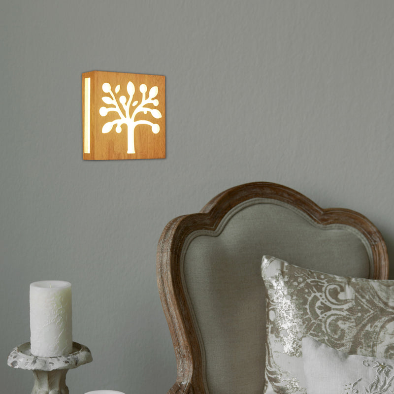 Beige Square Sconce Light with Tree Kids Wood Wall Light with Warm Lighting for Child Bedroom Clearhalo 'Wall Lamps & Sconces' 'Wall Lights' Lighting' 89112