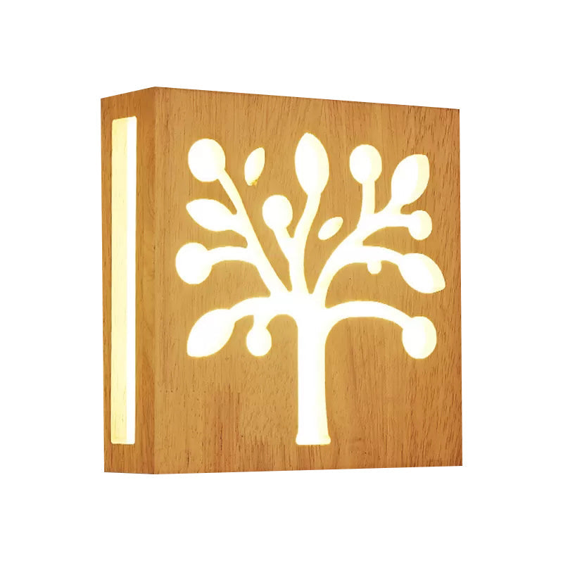 Beige Square Sconce Light with Tree Kids Wood Wall Light with Warm Lighting for Child Bedroom Clearhalo 'Wall Lamps & Sconces' 'Wall Lights' Lighting' 89113