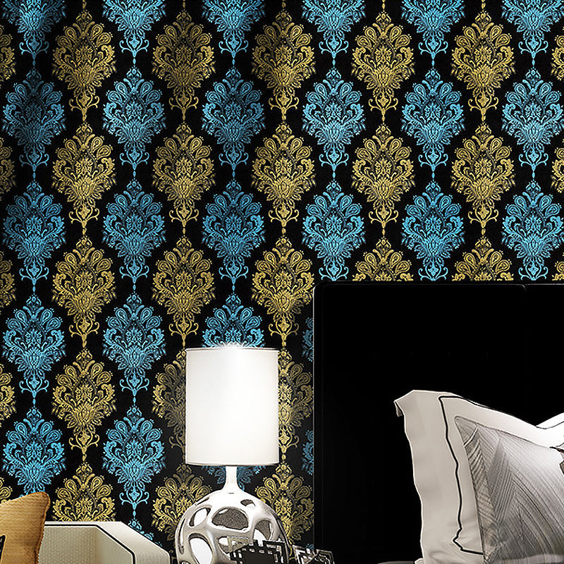 Black Damask Self-Adhesive Wallpaper Waterproof 17.5 in x 19.5 ft Blue-Brown Clearhalo 'Vintage wall decor' 'Vintage' 'Wallpaper' Wall Decor' 892984