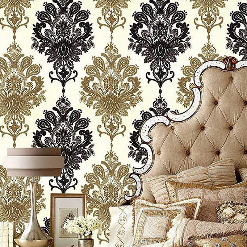 Black Damask Self-Adhesive Wallpaper Waterproof 17.5 in x 19.5 ft Black-Brown Clearhalo 'Vintage wall decor' 'Vintage' 'Wallpaper' Wall Decor' 892994