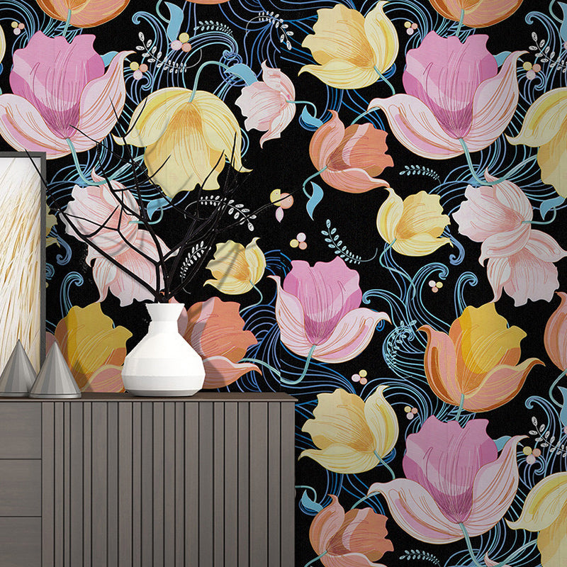 Dormitory Wallpaper with Multi-Colored Tulip and Floral Pattern, 17.5-inch x 19.5-foot, Non-Pasted Clearhalo 'Modern wall decor' 'Modern' 'Wallpaper' Wall Decor' 893346