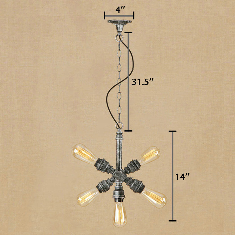 Aged Silver 5 Lights Hanging Ceiling Light Industrial Style Iron Open Bulb Chandelier Lamp with Pipe Clearhalo 'Cast Iron' 'Ceiling Lights' 'Chandeliers' 'Industrial Chandeliers' 'Industrial' 'Metal' 'Middle Century Chandeliers' 'Rustic Chandeliers' 'Tiffany' Lighting' 89349