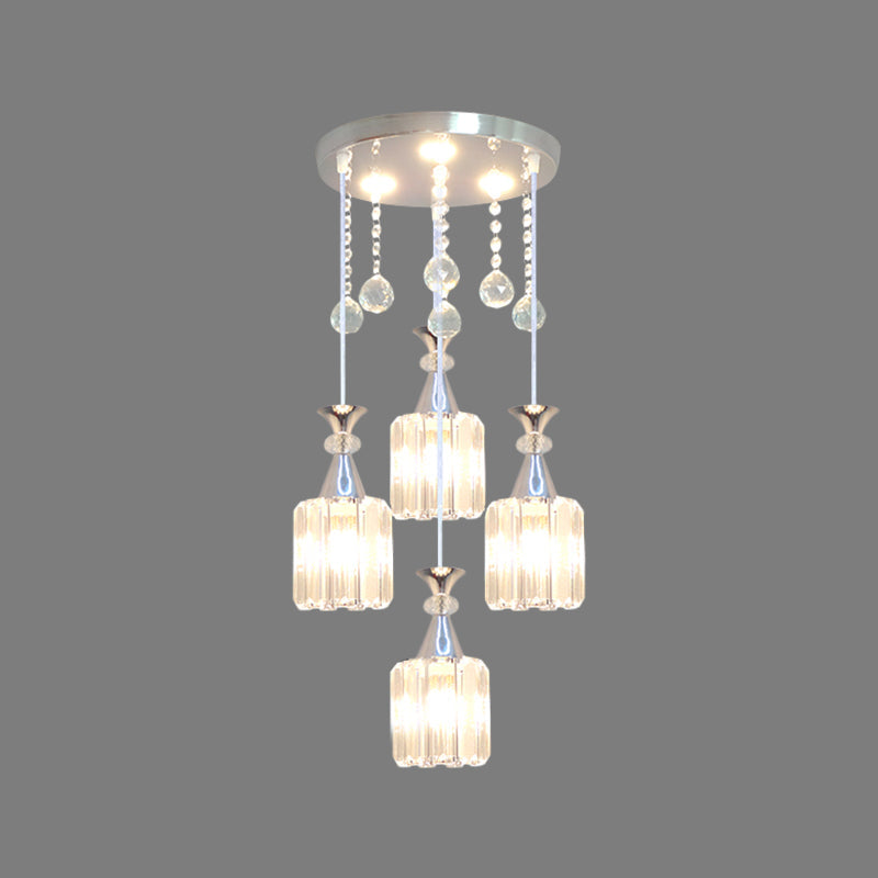 Silver Finish Cylinder Multiple Hanging Light Modern 4 Heads Crystal Block Pendulum Lamp Clearhalo 'Ceiling Lights' 'Modern Pendants' 'Modern' 'Pendant Lights' 'Pendants' Lighting' 893837