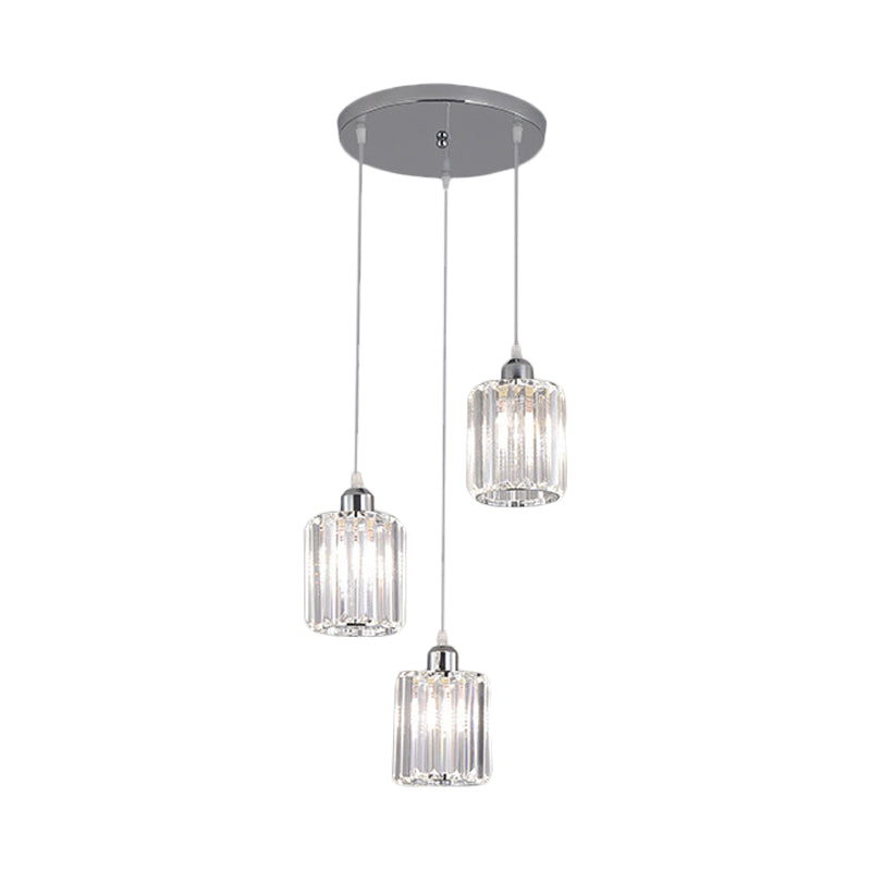 Cylinder Clear Crystal Block Multi Light Pendant Modernism 3 Bulbs Chrome Hanging Lamp Kit Clearhalo 'Ceiling Lights' 'Modern Pendants' 'Modern' 'Pendant Lights' 'Pendants' Lighting' 893841