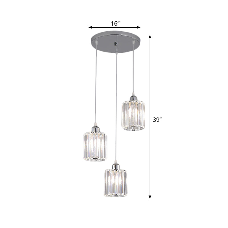 Cylinder Clear Crystal Block Multi Light Pendant Modernism 3 Bulbs Chrome Hanging Lamp Kit Clearhalo 'Ceiling Lights' 'Modern Pendants' 'Modern' 'Pendant Lights' 'Pendants' Lighting' 893842