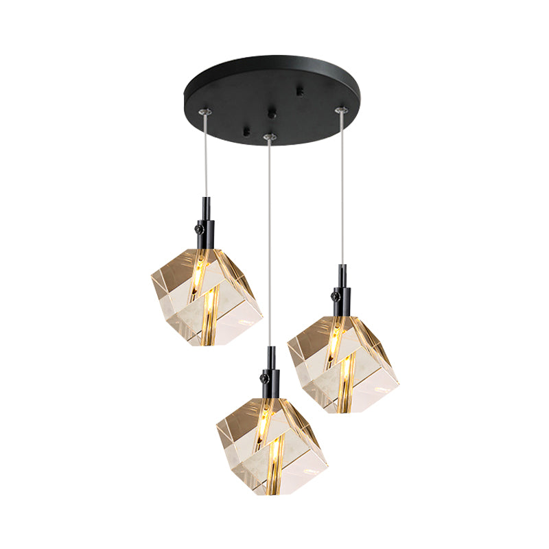 Modernist Cube Multi Pendant Light Clear Crystal Glass 3-Head Dining Room LED Suspension Lamp in Black Clearhalo 'Ceiling Lights' 'Modern Pendants' 'Modern' 'Pendant Lights' 'Pendants' Lighting' 893849