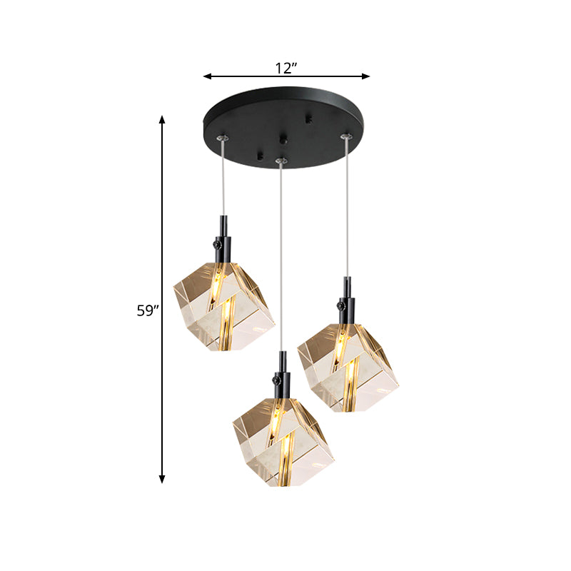 Modernist Cube Multi Pendant Light Clear Crystal Glass 3-Head Dining Room LED Suspension Lamp in Black Clearhalo 'Ceiling Lights' 'Modern Pendants' 'Modern' 'Pendant Lights' 'Pendants' Lighting' 893850