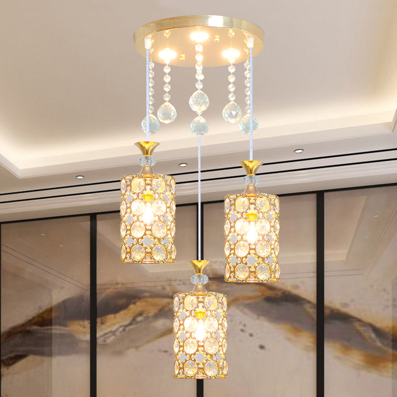 Crystal-Encrusted Cylinder Hanging Lighting Contemporary 3 Bulbs Gold Finish Multi Pendant Gold Clearhalo 'Ceiling Lights' 'Modern Pendants' 'Modern' 'Pendant Lights' 'Pendants' Lighting' 893851