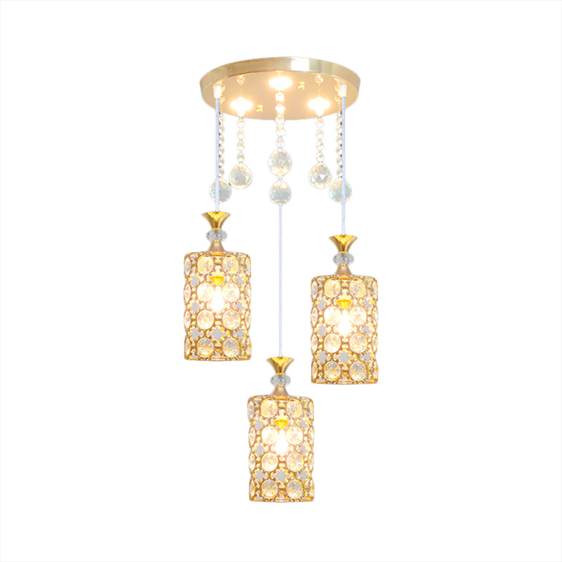 Crystal-Encrusted Cylinder Hanging Lighting Contemporary 3 Bulbs Gold Finish Multi Pendant Clearhalo 'Ceiling Lights' 'Modern Pendants' 'Modern' 'Pendant Lights' 'Pendants' Lighting' 893853