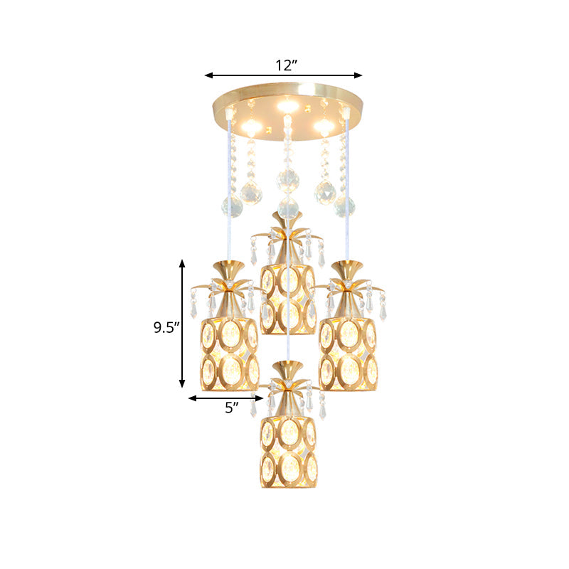 Contemporary 4 Lights Multi Ceiling Lamp with Crystal Embedded Shade Gold Finish Cylinder Pendant Clearhalo 'Ceiling Lights' 'Modern Pendants' 'Modern' 'Pendant Lights' 'Pendants' Lighting' 893862