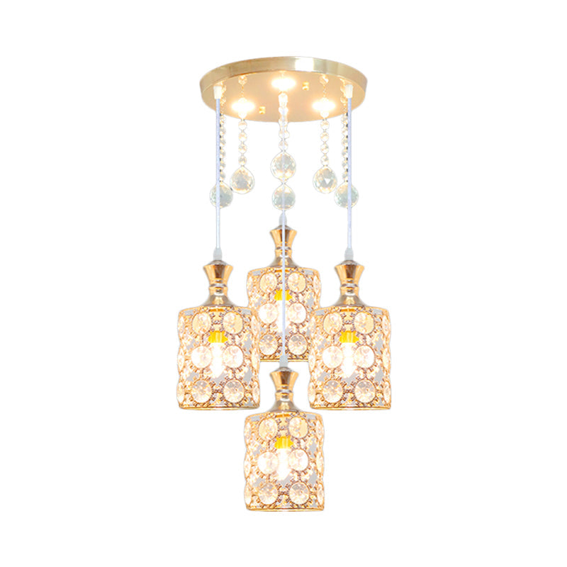 Gold Cylindrical Multiple Hanging Lamp Modernist 4 Heads Crystal-Encrusted Pendulum Light with Ball Droplet Clearhalo 'Ceiling Lights' 'Modern Pendants' 'Modern' 'Pendant Lights' 'Pendants' Lighting' 893865