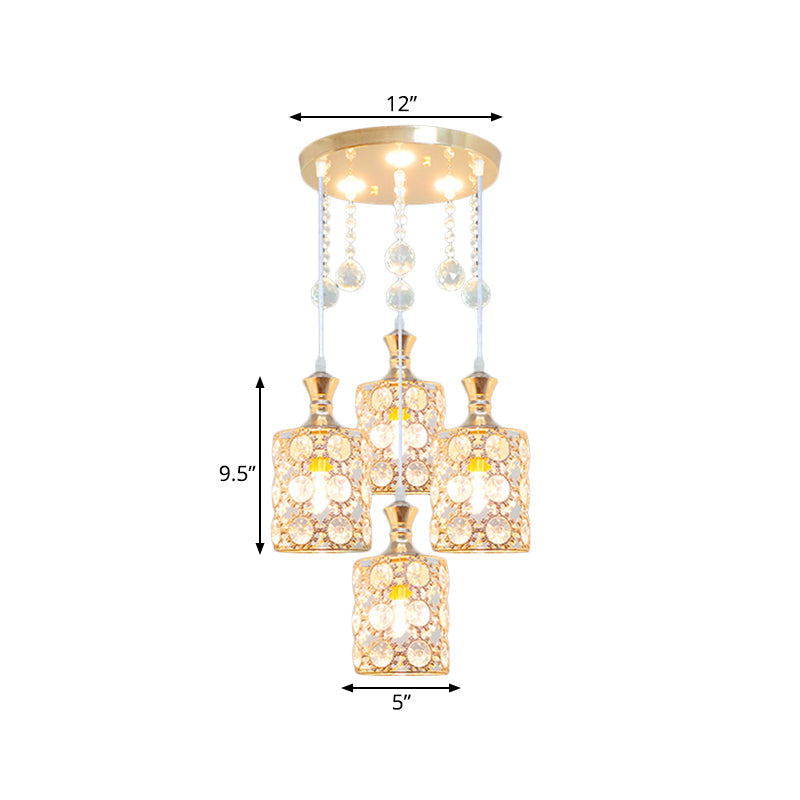 Gold Cylindrical Multiple Hanging Lamp Modernist 4 Heads Crystal-Encrusted Pendulum Light with Ball Droplet Clearhalo 'Ceiling Lights' 'Modern Pendants' 'Modern' 'Pendant Lights' 'Pendants' Lighting' 893866