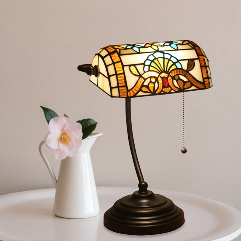 Tiffany Rhombus Patterned Desk Lighting 1-Head Cut Glass Pull Chain Table Lamp in Brown/Blue/Green and White Clearhalo 'Lamps' 'Table Lamps' Lighting' 893901